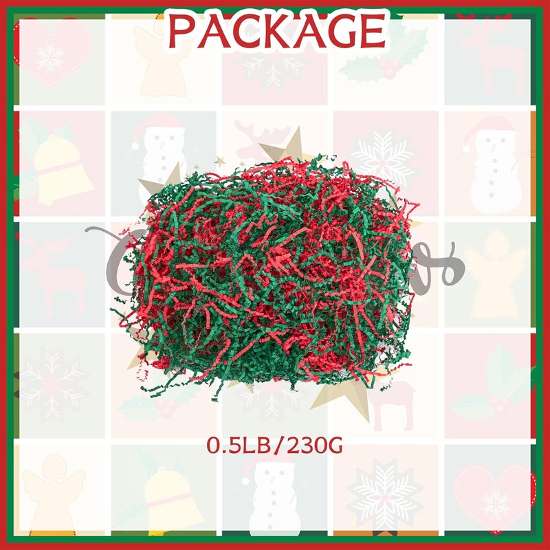 Gloreyan 1/2LB Christmas Crinkle Cut Paper Shred, Red Green White Raffia Paper Shred Filler Grass for Christmas Easter Grass Gift Wrapping Basket Filling Birthdays Weddings Party Supply - Image 2